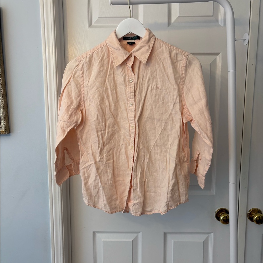 Ralph Lauren Linen Peach Button Shirt 3 Quarter Inch Sleeves Size Small Petite - Picture 2 of 7